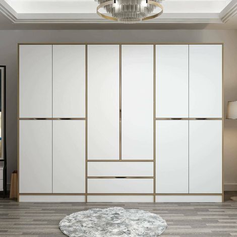 Großer Kleiderschrank Gaspard, Schlafzimmer 5 Regale, Kleiderstange, 2 Schubladen, 277x208h cm Weiß und Nussbaum\ und Nussbaum\ (1/5)
