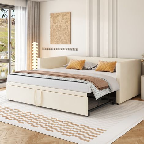 Letto con letto aggiuntivo 90/180x200 cm, rete a doghe, in velluto, senza materasso, beige (1/5)