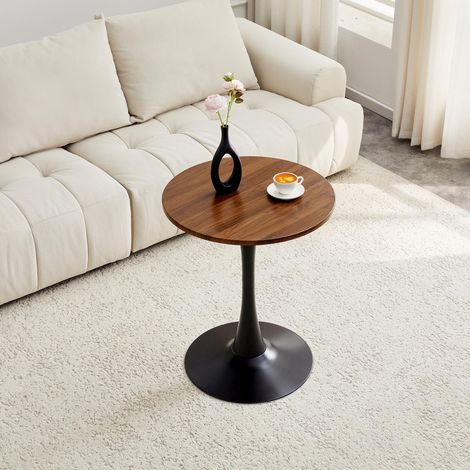 Table d'appoint ronde 60 cm, MDF, thermoformage, grain noyer, pieds noirs. Idéale pour intérieurs européens. (1/5)