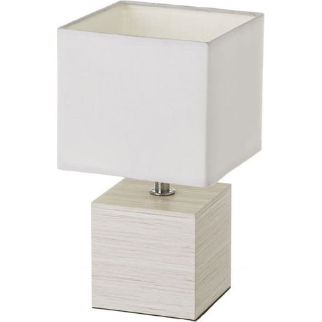 Lampe à Poser Base en Bois Blanchi et Abat-jour Blanc - Hauteur 26.50cm (1/4)