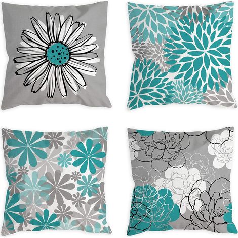 Lot de 4 Housses de Coussin décoratives Modernes pour canapé, Salon, lit, extérieur et décoration d'intérieur, 45 x 45 cm, Turquoise et Gris (1/5)