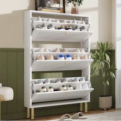 Scarpiera in MDF e truciolare bianca, 3 ante a ribalta scanalate, 73 x 23 x 125 cm (1/5)