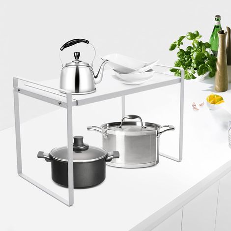 Teleskop Schrankeinsatz, Erweiterbarer Küchenregal Organizer für Küchenschrank und Arbeitsplatten,34-63cm Regaleinsatz ausziehbar, Expandierbares Schrankregal für Zuhause, Weiß
