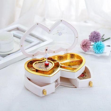 Coffret à musique blanc à double cœur dansant, boîte à bijoux avec tiroir de rangement, cadeau idéal pour fille, Noël, anniversaire, Saint-Valentin, mariage (1/4)