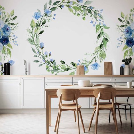 Papier peint photo - Couronne romantique - motif végétal avec fleurs et feuilles bleues (1/5)