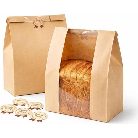 Bolsas de papel kraft, paquete de 25, bolsas reutilizables para pan, para almacenar alimentos, con ventana y 25 etiquetas adhesivas. (1/4)