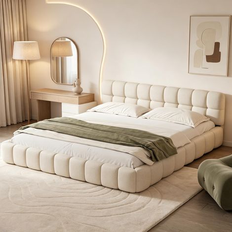 Lit Double Rembourré 140x190 cm, Lit Bubble avec Sommier à Lattes, Lits 2 Personnes Capitonne avec Tête de Lits, Cadre de Lit pour Adulte Chambre à Coucher et Chambre d'amis, sans Matelas, Lin (1/5)