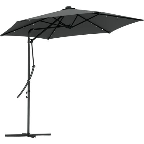 Exzentrischer Sonnenschirm (3 m Durchmesser) mit LED-Beleuchtung, Kurbel und Kreuzfuß für Terrasse und Garten, Dunkelgrau