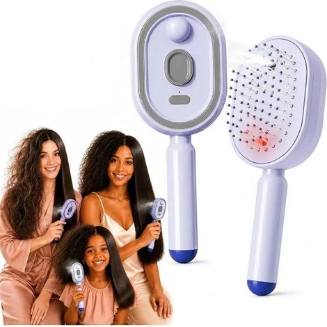 Brosse Lissante Vapeur Rechargeable Violette 3-en-1, Peigne Antistatique + Massage Coussin Air
