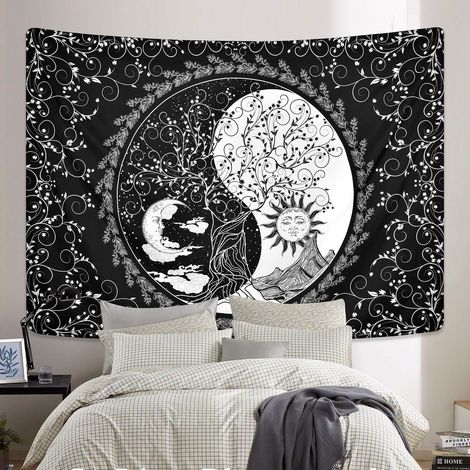 Tapisserie Soleil Et Lune - Mandala Yin Yang - Décoration Murale Bohème Psychédélique - Arbre De Vie - 130 x 150 cm (1/5)