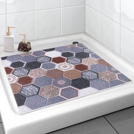 Tapis de Douche antidérapant, 6060cm, Tapis de Bain de Sécurité Confort Doux avec Trous de Drainage, Tapis de Douche de Massage en PVC Luffa pour Zones Humides, Séchage Rapide, Impression Numérique (1/5)