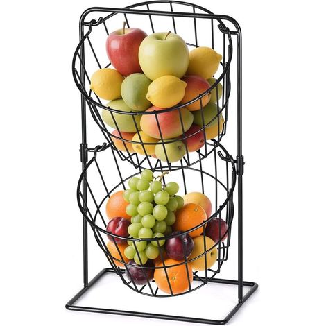 Corbeille à fruits de comptoir en métal à double couche, panier en fil de fer, convient aux fruits, légumes, pain et en-cas, noir. (1/5)