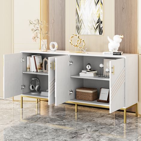 Aparador con 4 Puertas y 2 Estantes Ajustables, para Salón o Comedor, MDF, Blanco y Madera, 160×40×80,5 cm