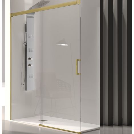 KASSANDRA GLASÉ Mampara Frente Ducha Fijo + Puerta Corredera 6 mm Oro Cepillado Transparente - Medida: 160-164 CM - ref: GS1023616S195164