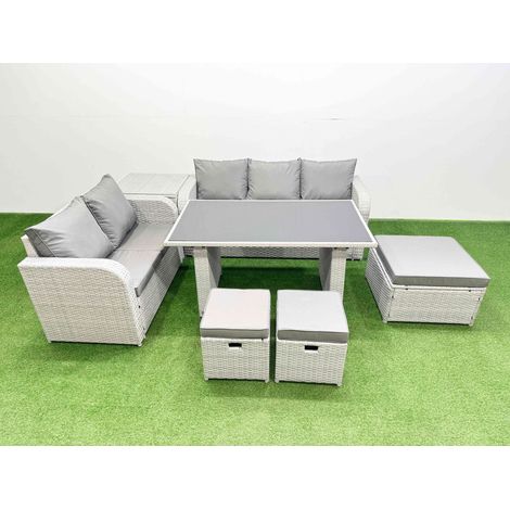 Fimous Garden Furniture Set PE Ratten Garden Sofa Set with Rectangular Dining Table 3 Stool Side Table Light Grey (1/4)