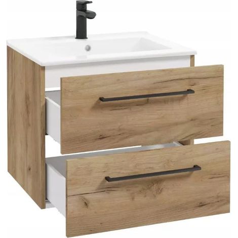 Meuble de salle de bain avec vasque, suspendu, en chêne artisanal, 60 cm, avec robinet et siphon Pinia (1/4)