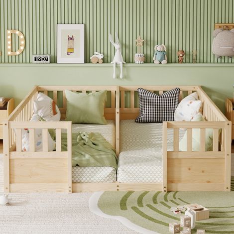 Lit double au sol pour deux enfants en bois de pin – 2 couchages 90×200 cm – Garde-corps hauts semi-fermés – Ouverture d’accès – Structure renforcée – Naturel – Matelas non inclus (1/5)