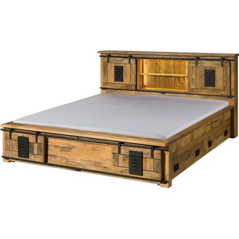 Bett mit Schubladen Mango / Altholz 160x200x107 natur lackiert RAILWAY LUX 108 (1/3)