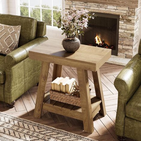 Tribesigns Table d'appoint en bois à 2 niveaux, petite table d'appoint de canapé style campagne avec rangement, chevet étroit et fin pour salon, chambre, petits espaces, marron (1/5)