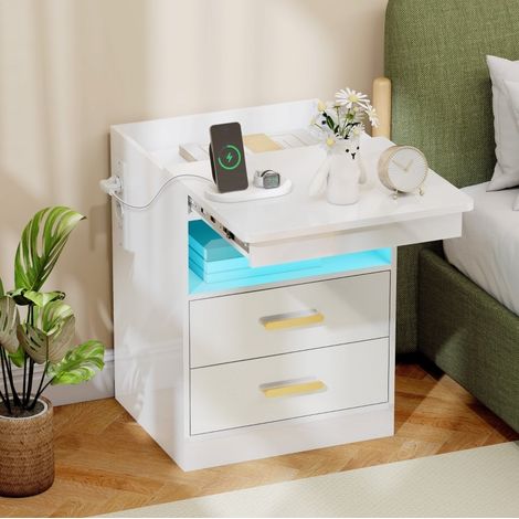 Nachttisch mit Ladestation und RGB-LED-Beleuchtung, 2 Schubladen, Hochglanzweiß HAVRYA (1/4)