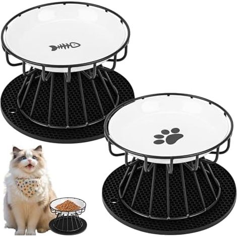 Katzennapf Erhöht, 2 Stück Katzennapf aus Keramik mit Napfunterlage Silikon Und Metallständer, Zervixschutz-Katzennapf, 15 cm Durchmesser,10cm Metallständer,Katzennäpfe für Futter Wasser (1/5)
