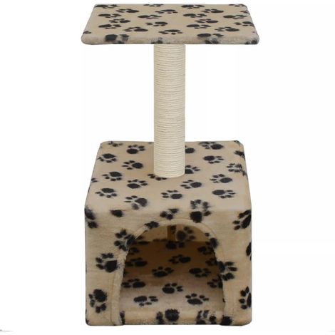 Arbre à chat griffoir grattoir niche jouet animaux peluché en sisal 55 cm beige motif de pattes