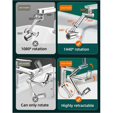 Universelle 1440° Prolongateur de Robinet, 2 Modes de Sortie d'Eau Robinet de Cuisine Multifonction Filtre Anti-Projections Rallonge de Robinet Pivotant pour Lavabo de Salle de Bains FOREHILL (1/4)