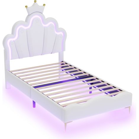 Cama con canapé 90 x 200 cm blanca con cabecero corona, tapizado PU y tira LED (1/5)