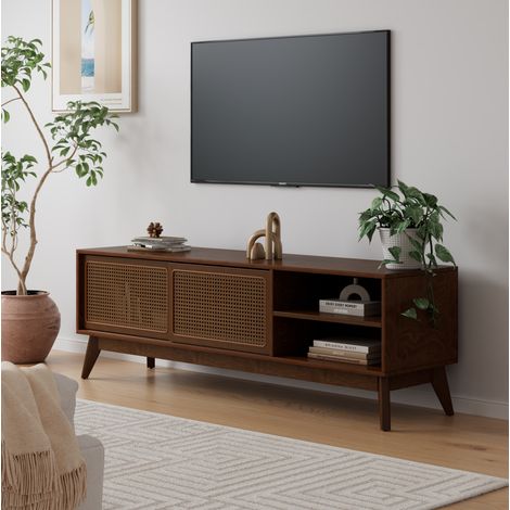 Mueble de TV vintage de ratán de 150 cm (59 pulgadas) para televisores de hasta 165 cm (65 pulgadas) con espacio de almacenamiento y patas de madera, color nogal. (1/5)