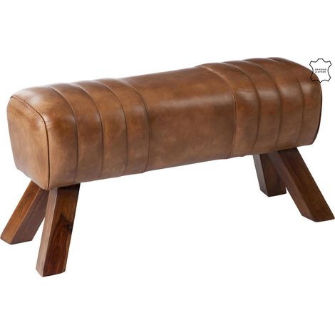 Banc de gym cuir cognac style vintage assise élégante bois - Cognac cuir marron bois foncé (1/5)
