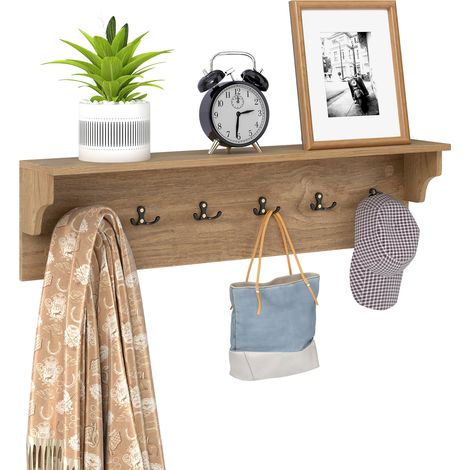 COSTWAY Wall Coat Rack with Shelf 31.5 Inch 6 Hooks Wood Entryway Organizer Natural