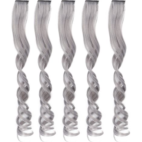 Mèches de cheveux 5 pièces, extensions à mèches colorées grises, postiche bouclé long pour femme, clips intégrés, coloration tendance (1/5)