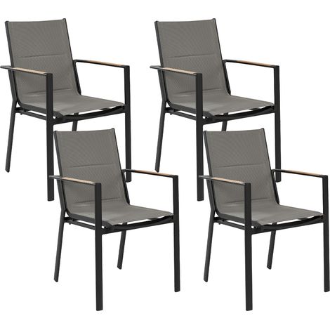 Conjunto de 4 sillas de jardín de metal negro gris madera clara cojines Busseto (1/5)