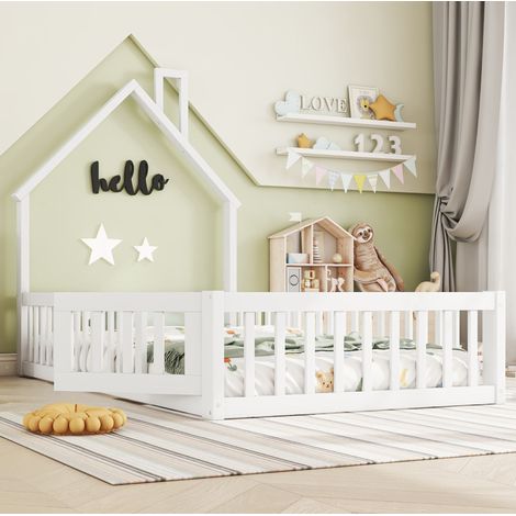 Cama casita infantil 90x200 cm de madera blanca, ahorro de espacio, sin colchón FloraGrace (1/5)