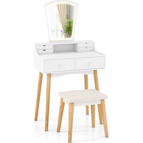 COSTWAY Vanity Dressing Table and Chair Set Set w/Mirror and Lights-White (1/5)