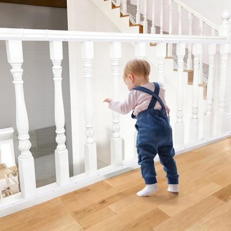 Filet de sécurité enfant - 300 x 90 cm - Blanc - Filet de sécurité pour escalier - Avec anneaux de fixation et attaches - Garde-corps - Type enrouleur (1/5)