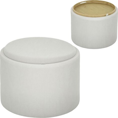 Rangement optimal et confort : Pouf coffre rond, repose-pieds en velours côtelé blanc crème avec couvercle amovible, structure MDF (1/5)