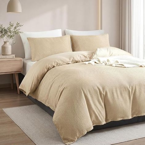 Housse de Couette 200x200 Gaufrée Taupe avec Taie d'oreiller 65x65 cm (1/3)