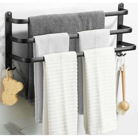 Porte Serviette Murale,Porte Serviette Salle de Bain,Porte-Serviettes Adhésif Noir Mat, Porte-Serviettes en Alliage d'Aluminium Non Perforé (40cm, Three Bars) (1/4)