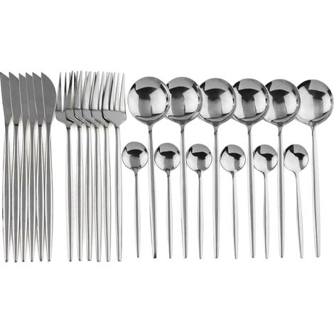 Essgeschirr-Set, Edelstahlbesteck, umweltfreundliches Design, 24-teilig, silberfarben (1/2)