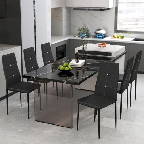Juego de 6 Sillas de Comedor Tapizada en PU con Respaldo Alto con Botones y Patas de Acero Diseño Moderno Negro (1/5)