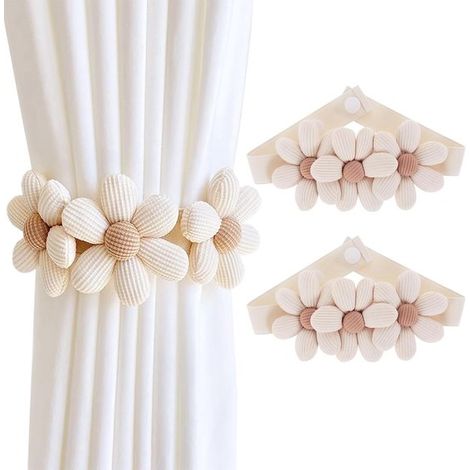 Juego de 8 soportes para cortinas – Forma floral beige – Correas ajustables para decorar la sala de estar, la oficina y el dormitorio. (1/4)