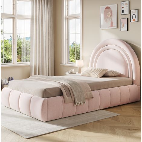 Letto singolo imbottito fiabesco in velluto rosa 90x200 cm con testiera, rete a doghe e contenitore idraulico
