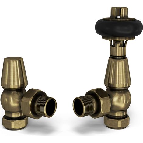 Signature Wooden Head - Antique Brass Thermostatic Radiator Valve & Lockshield Angled 15mm