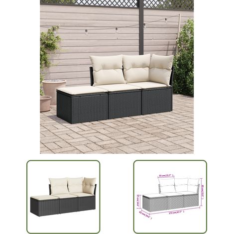 The Living Store Salon de jardin 3 pcs avec coussins noir résine tressée - Salon De Jardin - Mobilier Extérieur - Set Salon - Résine Tressée - Poufs (1/3)
