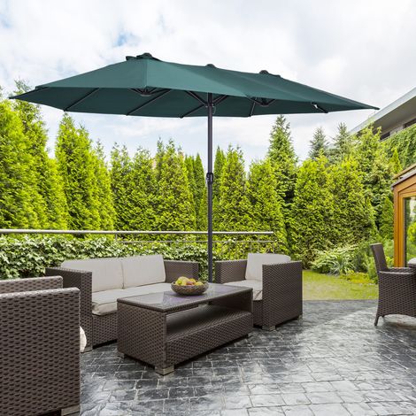 REDOM Parasol double 460x270x240 cm, avec manivelle, base croisée et poids inclus, acier et plastique, vert foncé (1/5)