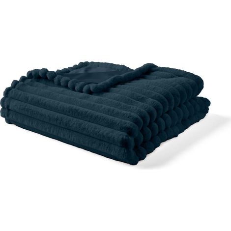 Arezzo - plaid - 200x140 cm - en fausse fourrure côtelé et velours - bleu ardoise (1/3)
