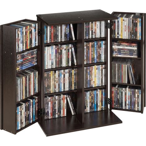 Bibliothèque Étagère, Meuble de Rangement Multimédia à 4 Niveaux, Armoire Biblio pour CD, DVD, Livres, Jeux, avec Portes et Étagères Réglables pour Bureau, Studio, Salon, 610x368x846 mm, Marron (1/5)
