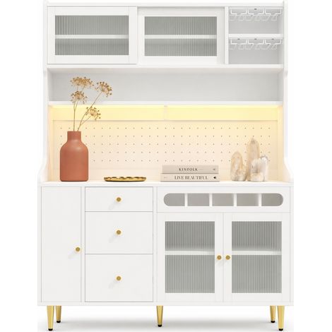 Armoire haute de cuisine et salon LED blanche, étagères réglables, portes coulissantes en verre, casier à vin, rangement modulable 145 cm - CHICFURN (1/5)