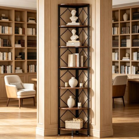 Étagère d'angle à 7 niveaux - Bibliothèque industrielle fine pour petits espaces, solution de rangement minimaliste pour environnements compacts (1/5)